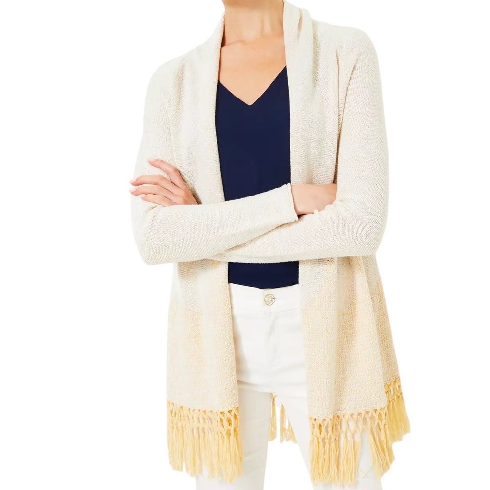 NWT Lilly Pulitzer Tatum Long Fringe Hem Cardigan Size Small Cream Gold Metallic
